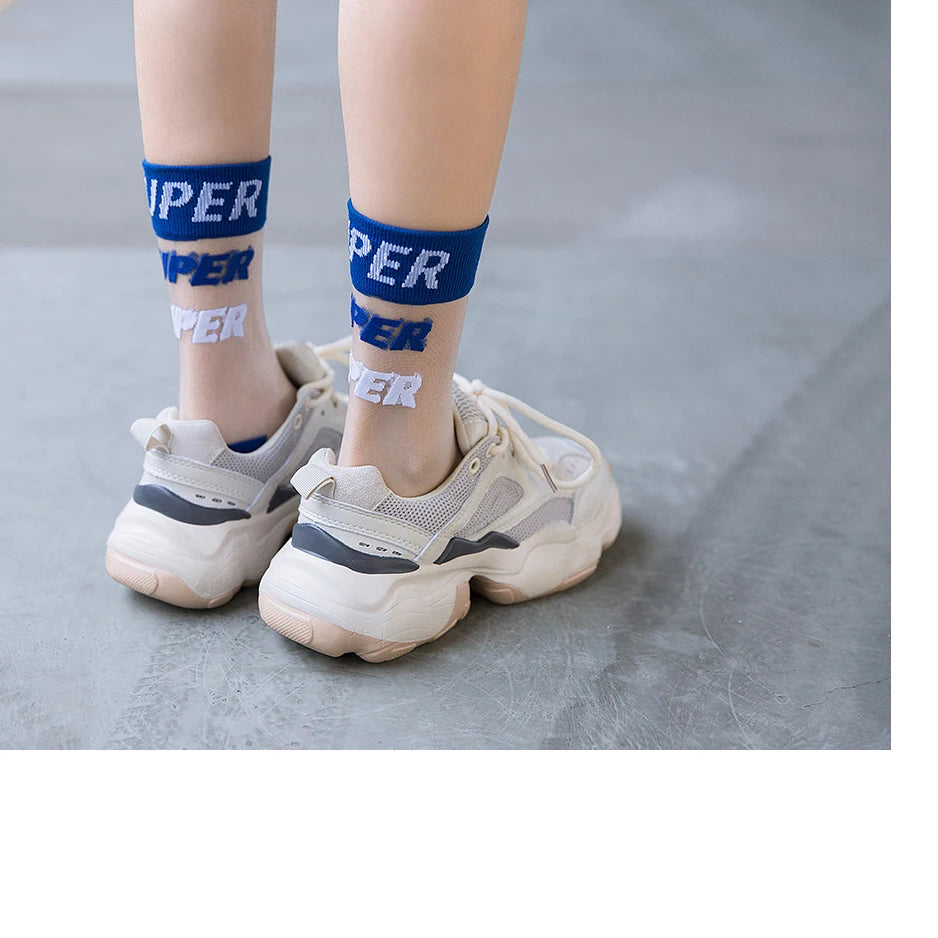 Wholesale Custom Design Socks Colorful Letter Transparent Thin Super Socks Fashion Socks