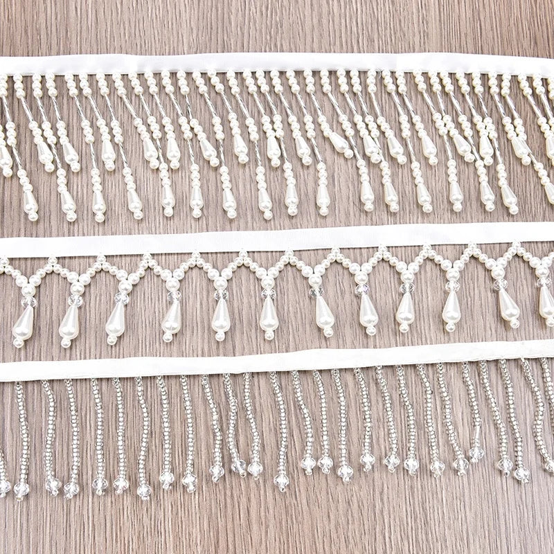 Handmade Beaded Pearl Tassel Lace White Crystal Ribbon Fringe Sew on Hanfu Clothing Curtain Wedding Dress Diy Accessories