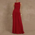 2025 Women's Summer Sleeveless Maxi Dress One Shoulder Casual Slim Swing Pleated Satin Front Empire Waistline Plain Dyed Pockets