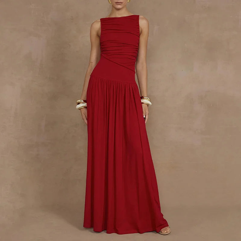 2025 Women's Summer Sleeveless Maxi Dress One Shoulder Casual Slim Swing Pleated Satin Front Empire Waistline Plain Dyed Pockets