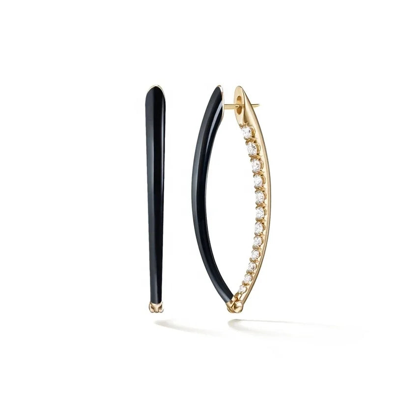 Custom Jewelry Wholesale 925 Sterling Silver Black Enamel Diamond CZ V Shape Hoop Earring