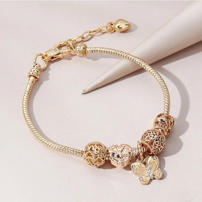 Panjia Adjustable Alloy Heart-Shaped Butterfly Diamond Pendant Copper Bracelet Popular DIY Beaded Cross-Border Charm Bracelets