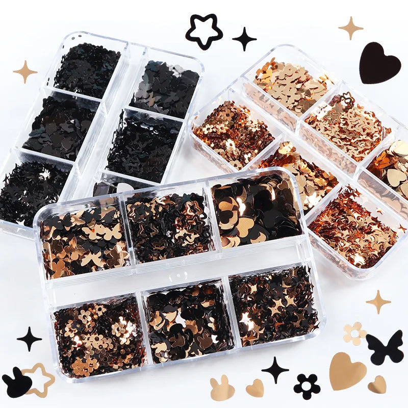 Wholesale 6-Piece Mixed 3D Nail Art Accessories Black Golden Butterfly Heart Stars Enhancement Sequins Plastic Nail Decoration