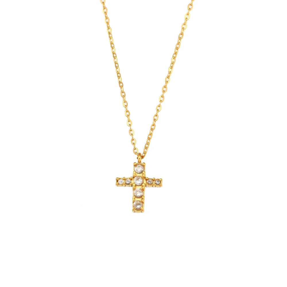 Luxury Mini Diamond Christian Jewelry Gold Plated Stainless Steel Cross Pendant Necklace with Link Chain and Pave Zircon