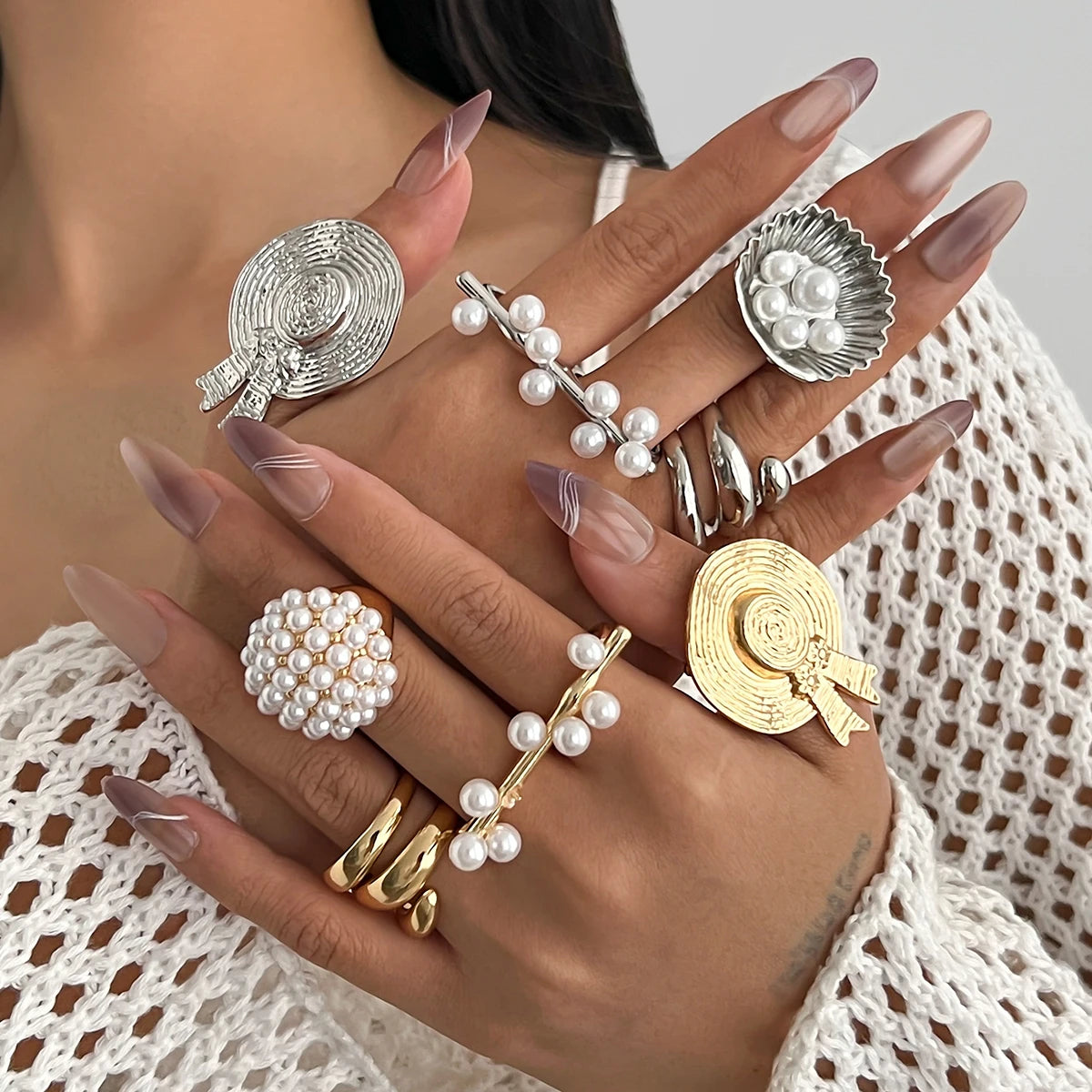 Designer Imitated Pearl Flower/Hat/Double Finger Rings for Women Trendy Ladies Party Stackable Rings Accessories Fashion Jewelry