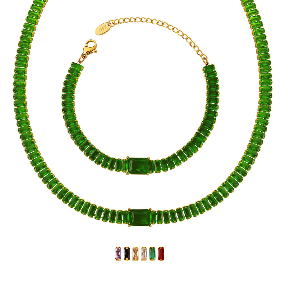 Wholesale Multi Colors Cubic Zirconia Baguette Bracelet Stainless Steel Jewelry Set Iced Tennis Necklace Wedding 18K Gold Plated