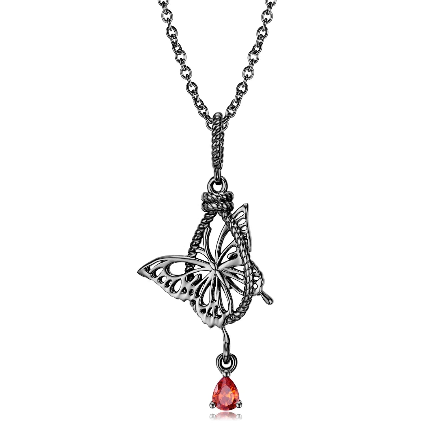 Butterfly Caught in the Net Pendant Necklace Authentic 925 Sterling Silver Beads with Red Zirconia for Women Necklace Jewelry