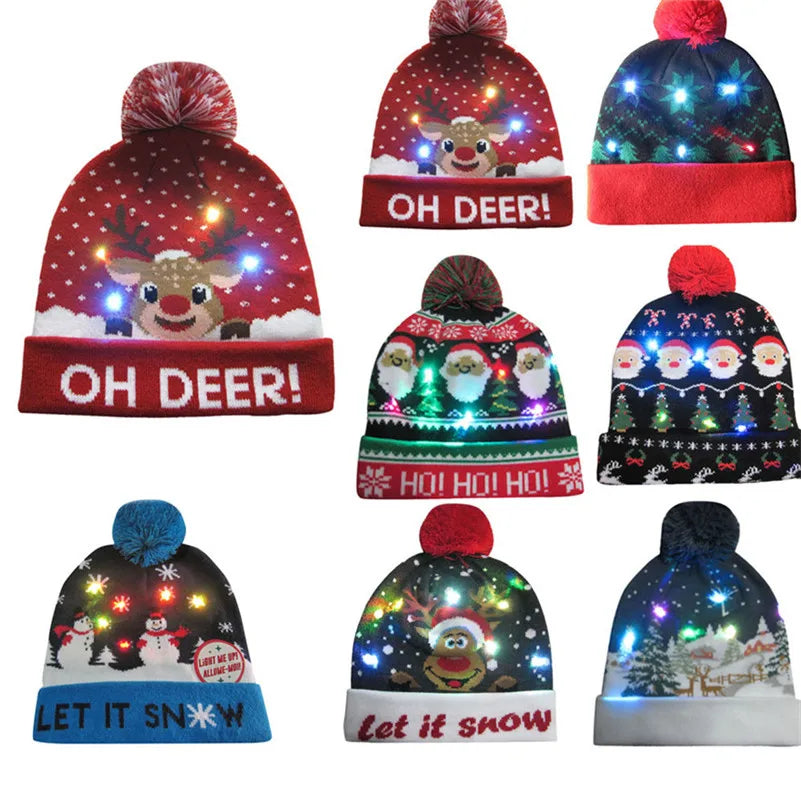 K1076 LED Christmas Knitted Pompom Beanie Hat Sweater Winter Festival Light-up Caps Kids Adults Xmas Party Gifts Caps