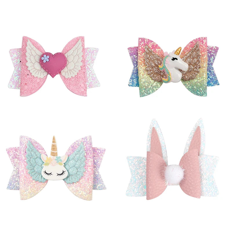 Customized Unicorn Hair Bows Girls Glitter Grosgrain Ribbon Alligator Clips Hair Accessories for Kids
