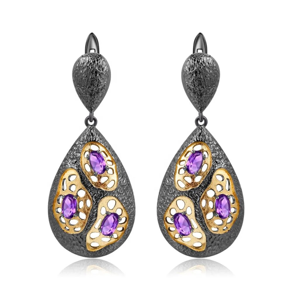 Abiding Wholesale Natural Amethyst Gemstone Gold Plated 925 Sterling Silver Korea Earrings