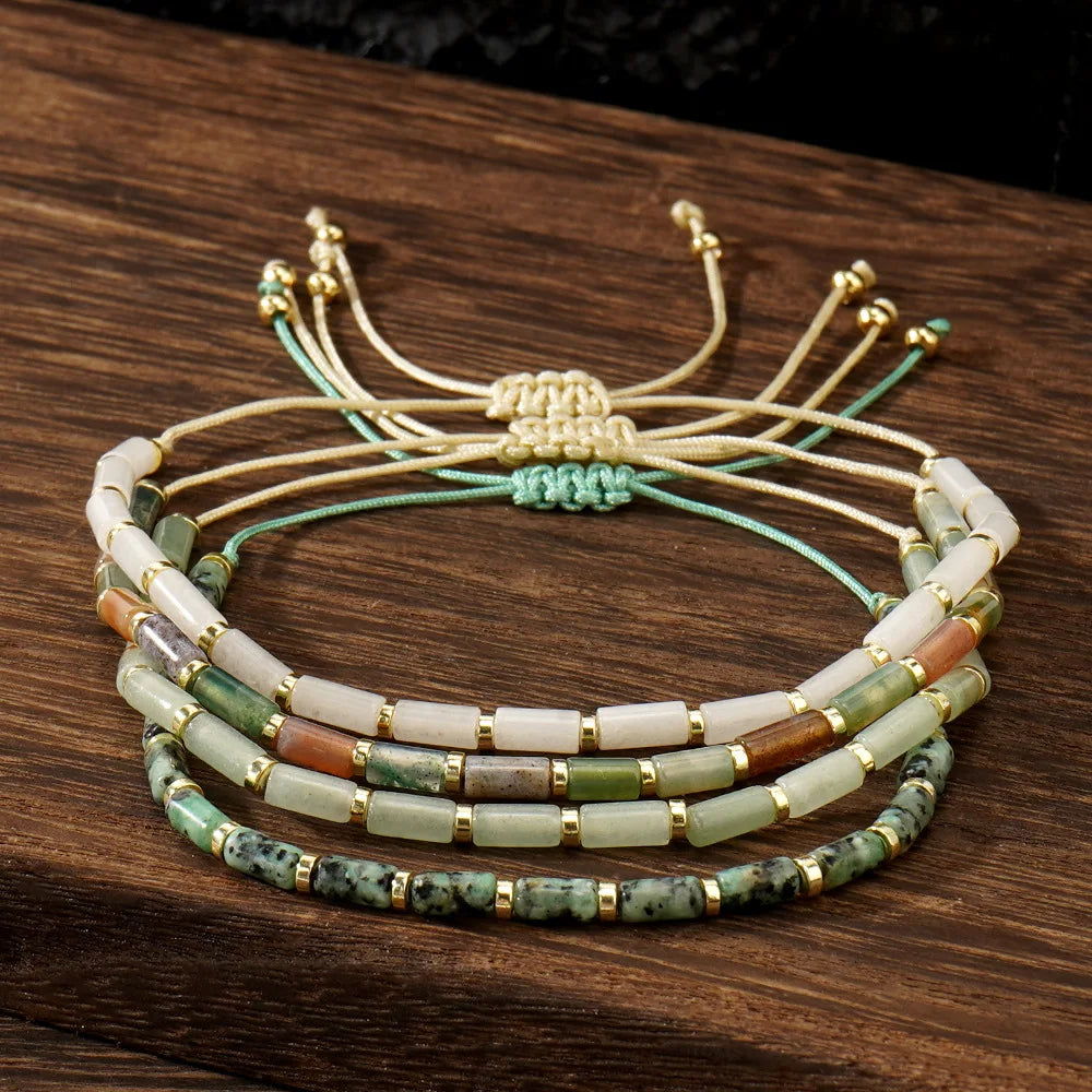 Handmade 2x 4mm Natural Crystal Small Tube Gemstone and Gold Plated Heishi Beaded Bracelet Adjustable for Women and Men Trendy