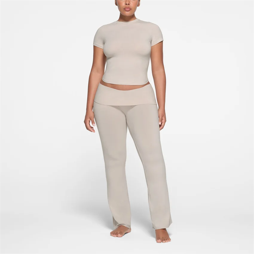 Women Fitness Gym Yoga Sets Stone Cotton Jersey T-Shirt and Foldover Pant Plus Size Yoga Apparel