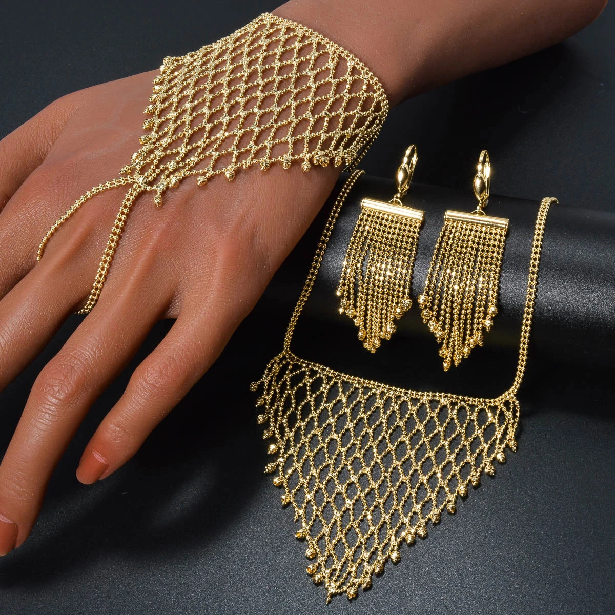 Bohemian Luxury 14K Gold Plated Tassels Earring Ring Necklace and Bracelet Jewellery Sets