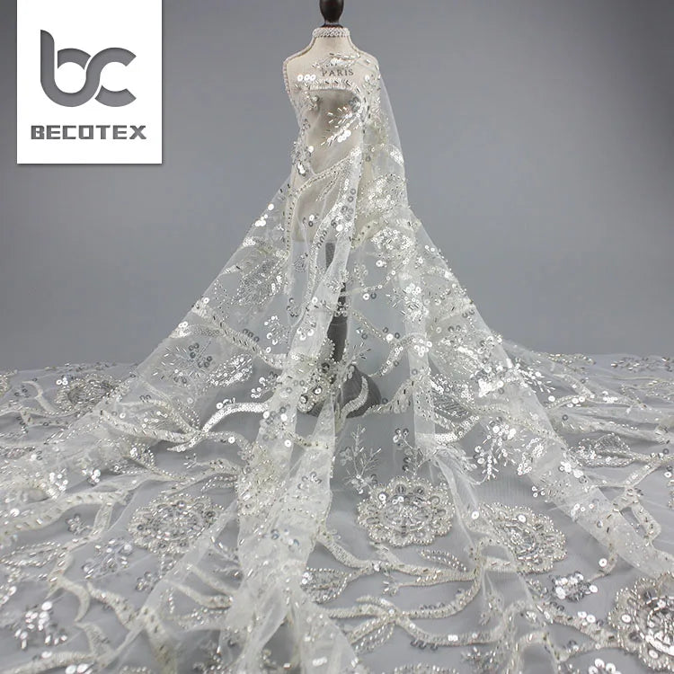 2026 Elegant Sequin Beaded Lace Fabric Bridal Embroidery for Bride