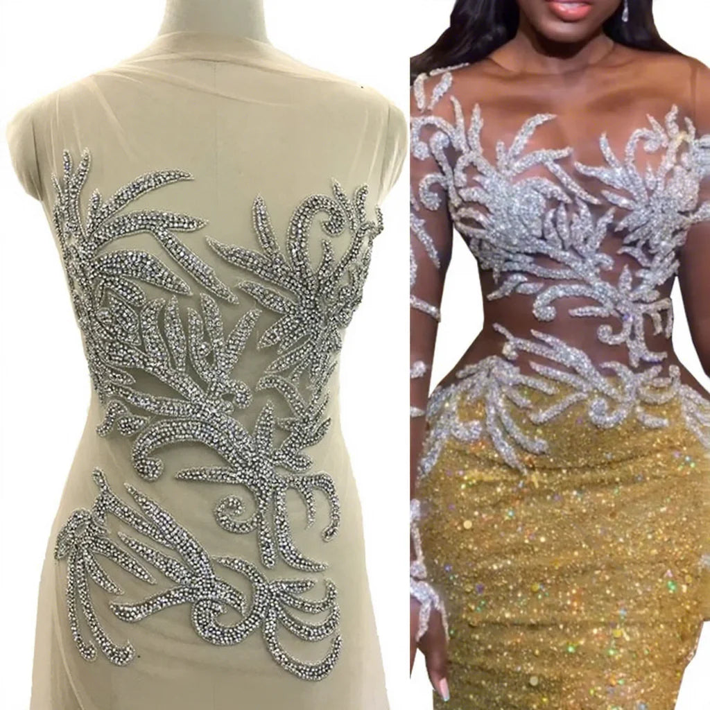 WDP-485 Keering Simple New Design Sew on Crystal Beaded Gown Rhinestone Stone Body Bodice Patch Appliques for Wedding Dress