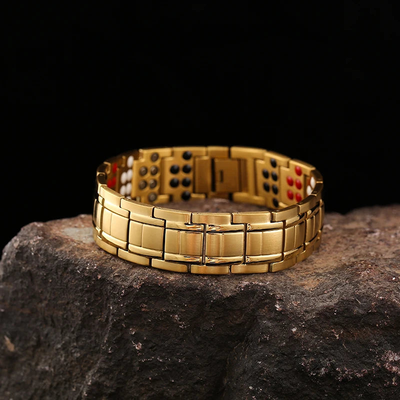 Hot Selling Magnetic Therapy Bracelet Wide Stainless Steel Gold Plated Jewelry Anniversary Gift for Men