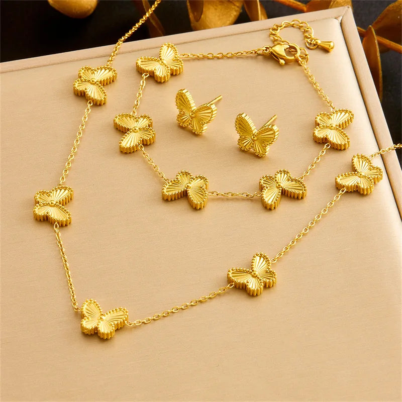 Fashion Design Striped Stainless Steel butterfly Necklace Earrings Bracelet Jewelry Exquisite Ladies Jewelry Set