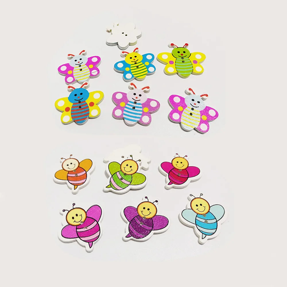 Yiwu Wintop Bulk Stock Cartoon Two Hole Colorful Flat Back Wooden Bee Buttons for Children Diy Craft