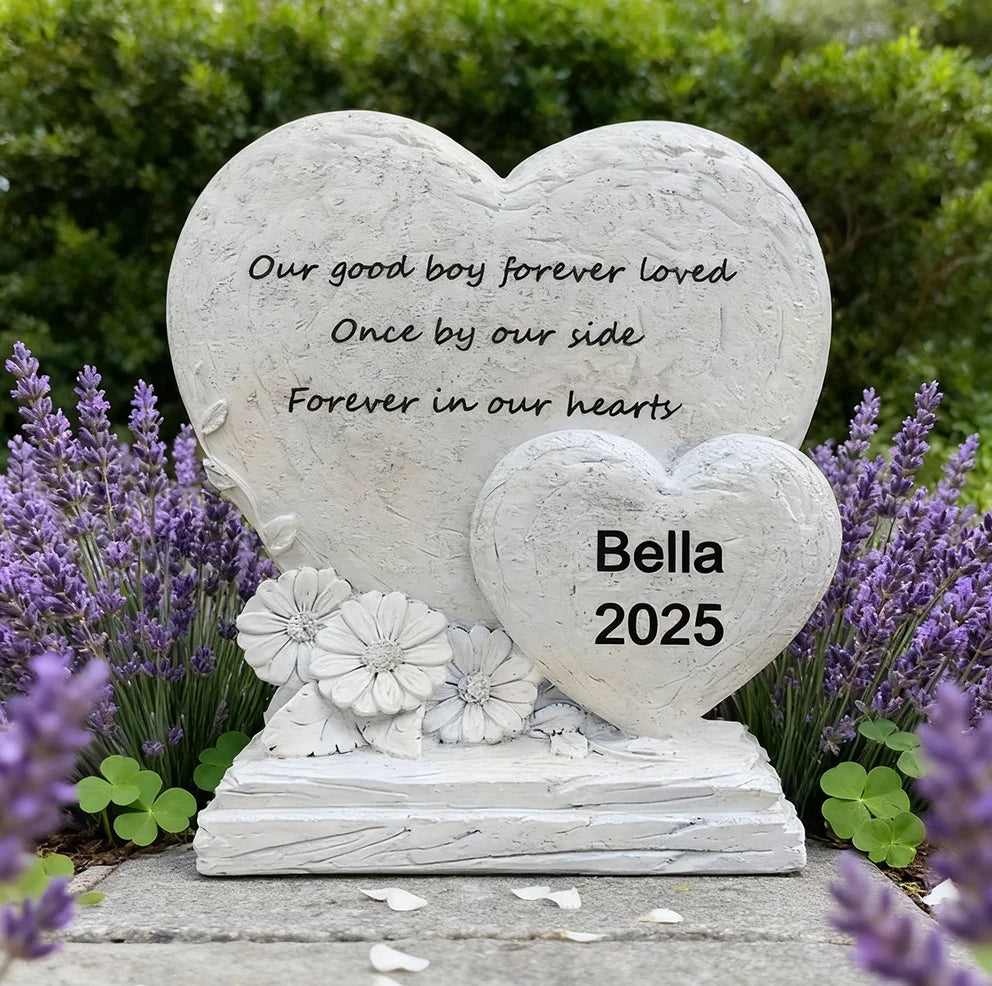Gray White Dual-Heart Resin Fashion Pet Memorial Plaque Hand-Painted Engraved Texture Artistic Design Customized Outdoor Garden