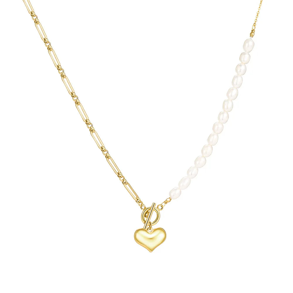 Retro Jewelry 18k Gold Plated Heart Pendant Necklace Freshwater Pearl Gold Necklace Chain