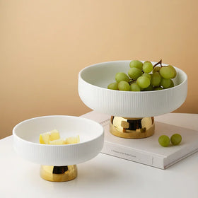 Custom LOGO European Luxury Style Ceramic Fruit Plate Snacks Compote Nut Dish Creative Gold Plated White High Foot Salad Bowl