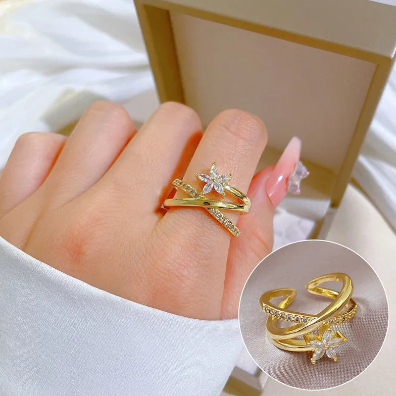 Light Luxury 18k Gold Plated Flower Zircon Cross Opening Rings for Women Wedding Engagement Finger Jewelry