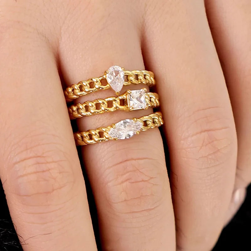 Fashionable Waterproof Stainless Steel Jewelry 18k Gold Plated Personalized Chain Style Zircon Ring YF3691