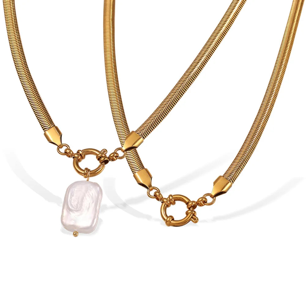 18K Stainless Steel Snake Chain Necklaces Freshwater Pearl Charm Necklace Waterproof Big Baroque Pearl Necklace Choker Jewelry