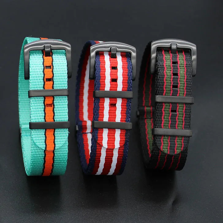 Wholesale Striped Seatbelt 1 Piece Fabric Watch Strap Herringbone 20mm 22mm Pvd Black Buckle Elastic Breathable Double Pass