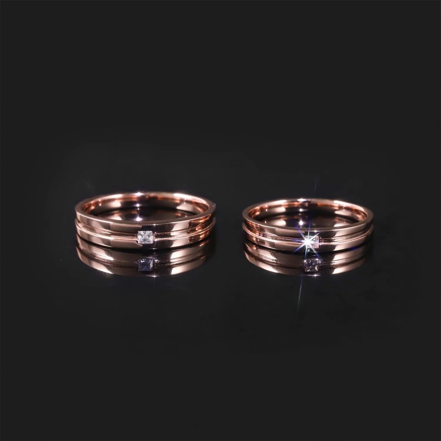 Abiding Groove Design Micro Insert Solitaire Princess Cut 925 Silver Rose Gold Plated Marriage Couple Ring for Men & Women