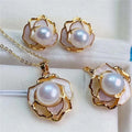 14K Gold Plated Pearl Shell Camellia Set Natural Freshwater Classic Wedding Party Gift Necklace Earring Ring Shell Bead