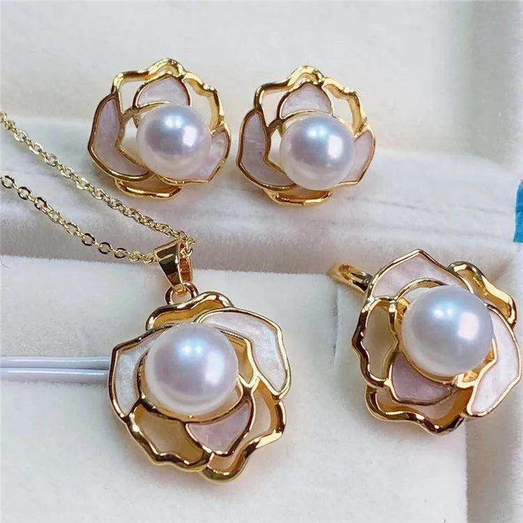 14K Gold Plated Pearl Shell Camellia Set Natural Freshwater Classic Wedding Party Gift Necklace Earring Ring Shell Bead