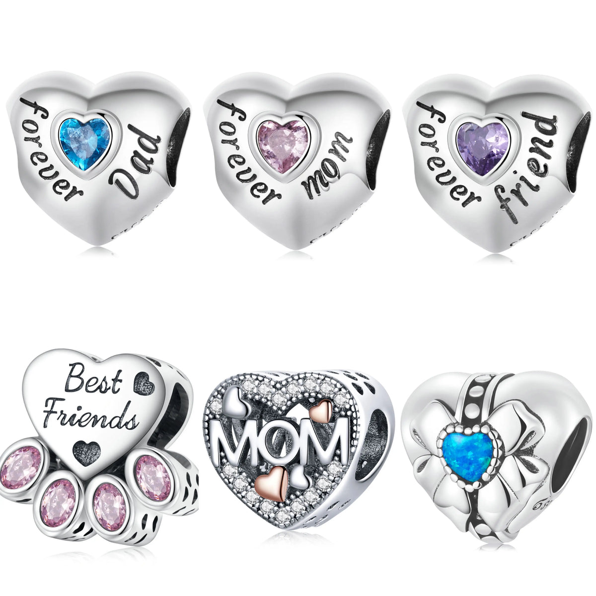 S925 Heart & Bear Charm Set - 925 Sterling Silver CZ DIY Jewelry Kit Adjustable Bracelet Chain for Mother-Baby Bonding Gifts MegaBDM