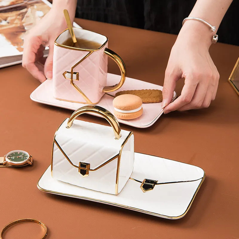 Colorful Luxury Porcelain Tea Cup Set with Gold Handle Ready to Ship-Handbag Mug for Coffee and Tea Ceramic Cup and Saucer