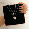 VKME Double Layer Heart Pendant New Design Butterfly Necklace for Women Jewelry