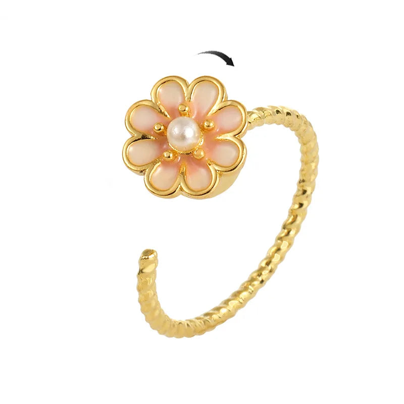 Rotatable Spinner Fidget Ring Rotating Peach Flower Adjustable Rings for Anxiety Design Full Diamond Rotating Flower Open Ring