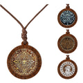 Aztec Sun Calendar Design Necklace Crystal Dome Cabochon Charm Natural Wood Base Pendant Necklace