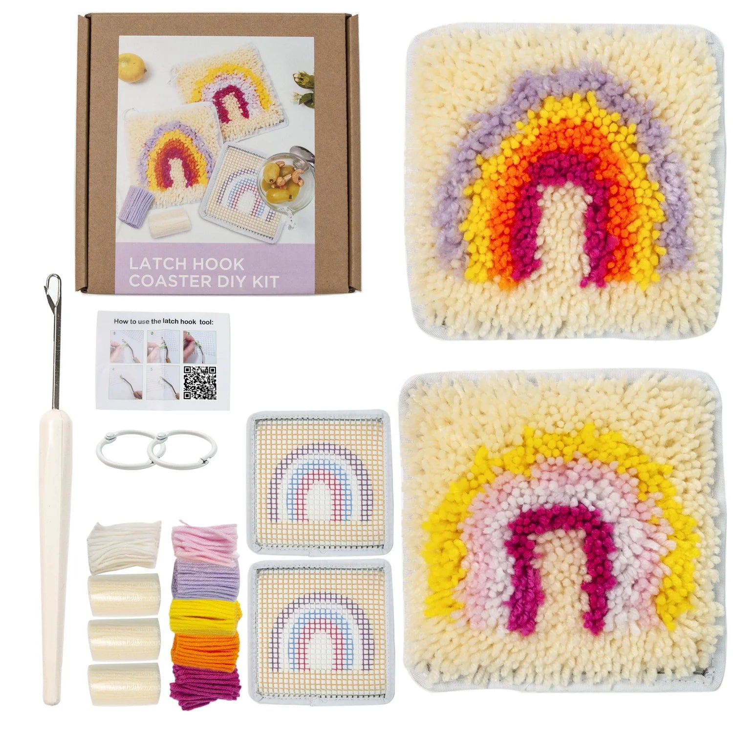 Rug Hooking Mesh Canvas Yarn Kit with Latch Hook for Rainbow Coaster DIY