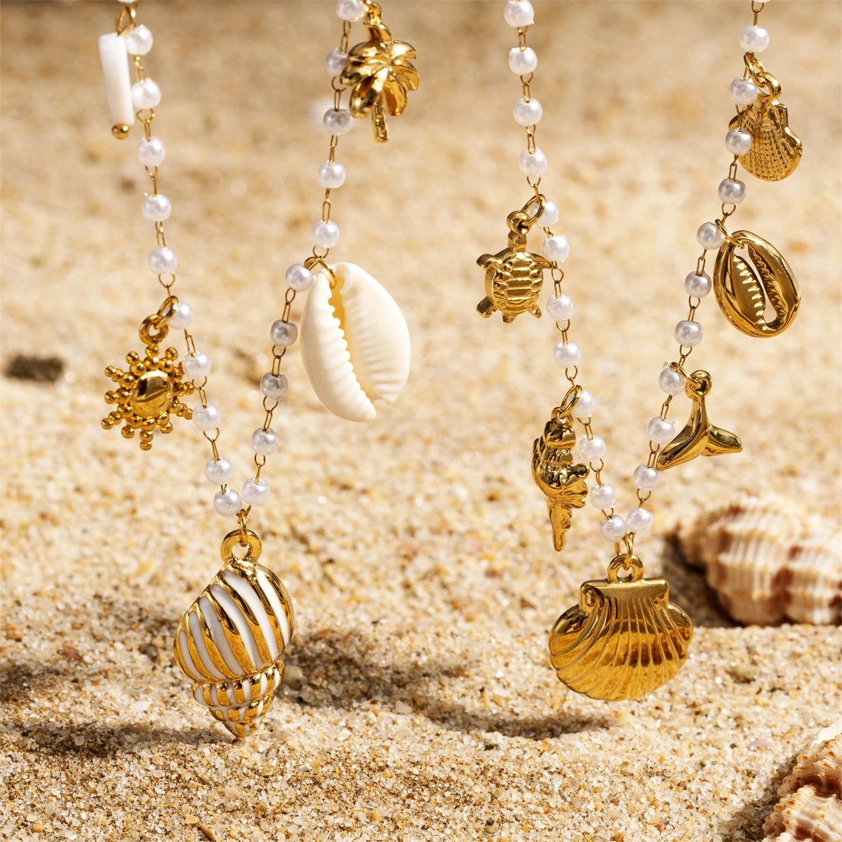 18K Gold Plated Stainless Steel Choker Pearl Pendant Seashell Starfish Conch Fish Charms Necklace Fashion Jewelry for Women