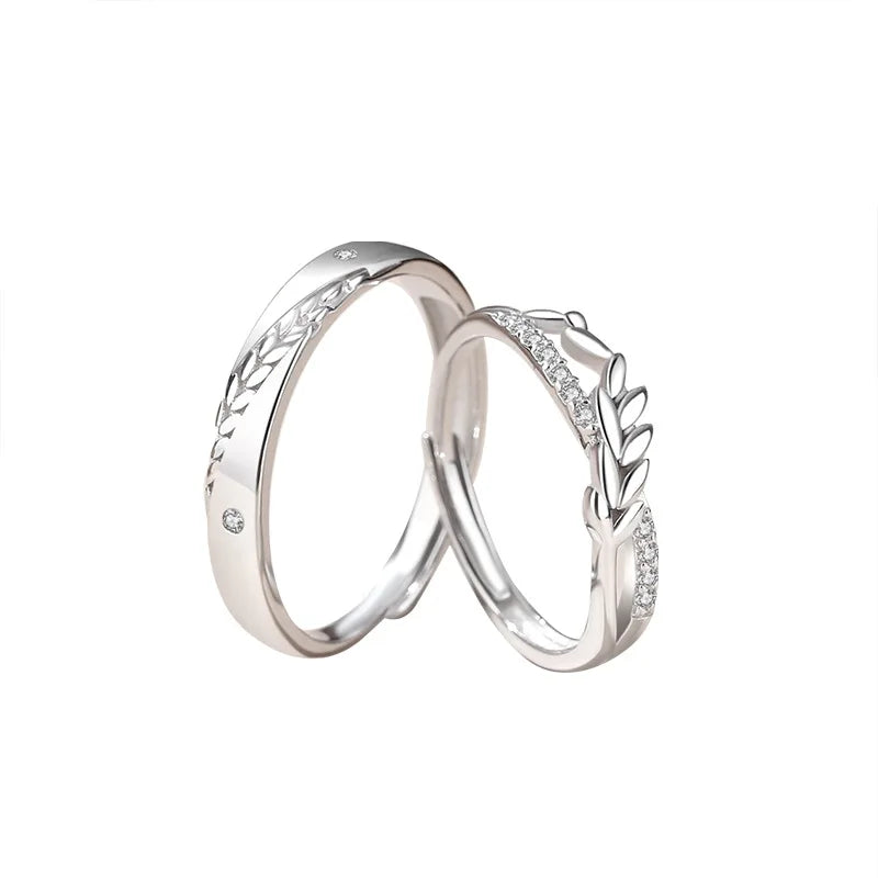 Trendy Sterling Silver Leaves Shape Adjustable Ring Rhodium Plated S925 Silver Shiny CZ Zircon Wheat Ring for Couple