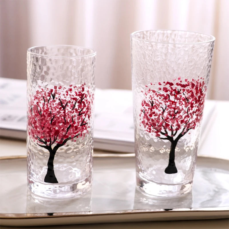 Creative Home Hand-painted Hammer Eye and Cherry Blossom Patterns Minimalist Design Sodalime Glass Juice Cup SJ Glass Brand MegaBDM