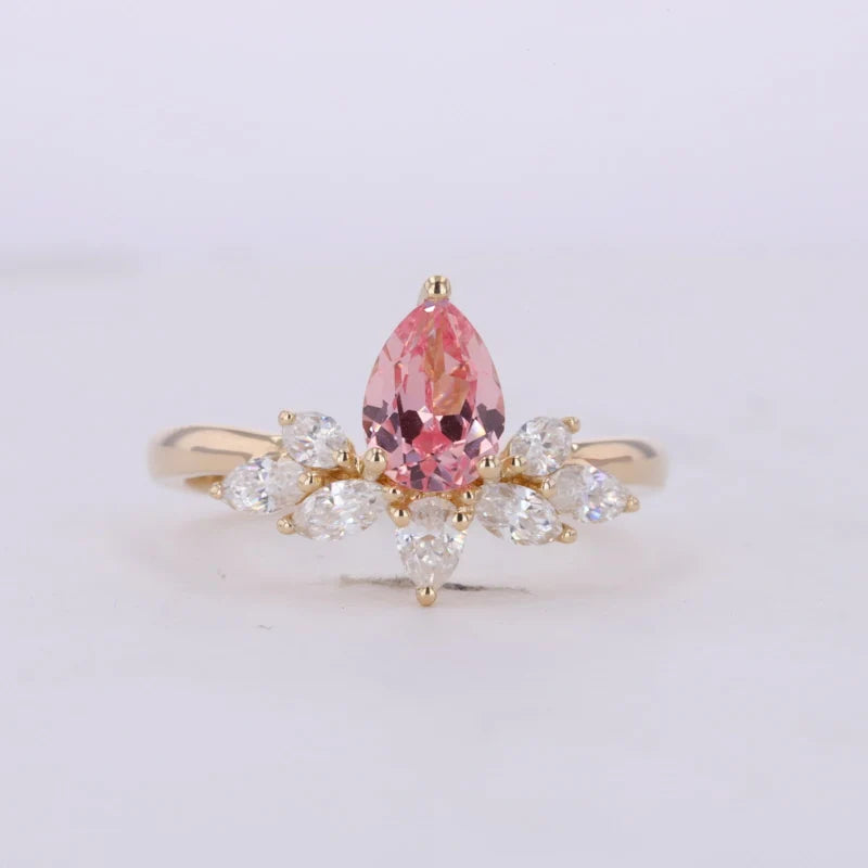 Starsgem  Classic 10k Solid Rose Gold Pear Shape Lab  Sapphire Sukura Pink Gemstone with Moissanite Melee Stone Ring