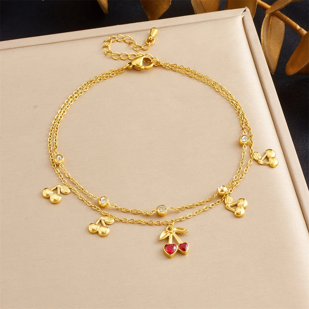 Stainless Steel Anti Tarnish Double Layer Chain Beach Anklet 18k Pvd Gold Plated Cherry Charm Anklet for Women