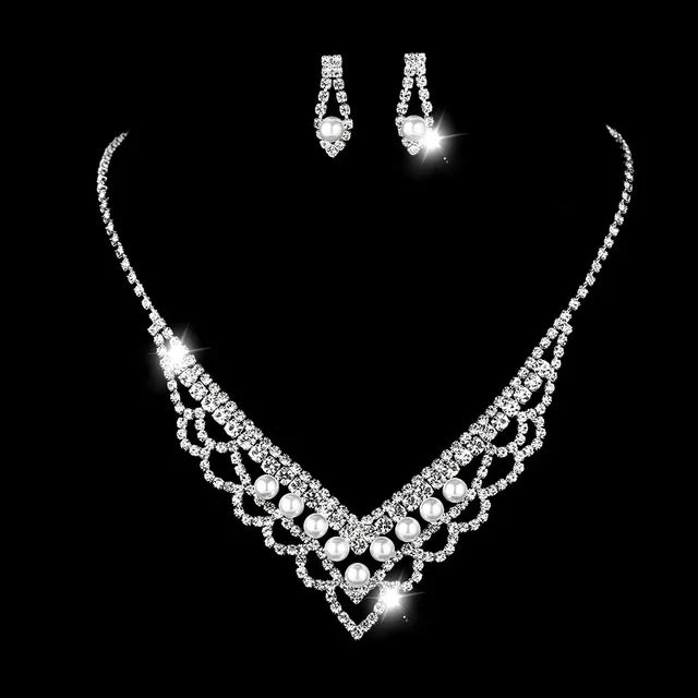 Jachon Rhinestone Crystal Dangle Earrings Necklace Set Bridal Imitation Pearl Wedding Jewelry for Wedding Party Gift