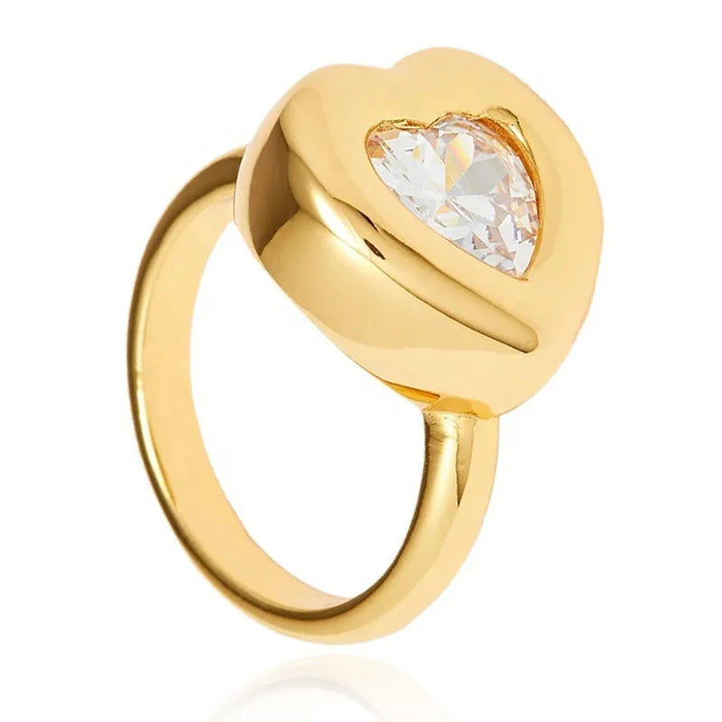 2024 New Simple Brass Electroplated 18k Gold  Zircon Open Adjustable Heart Rings for Women