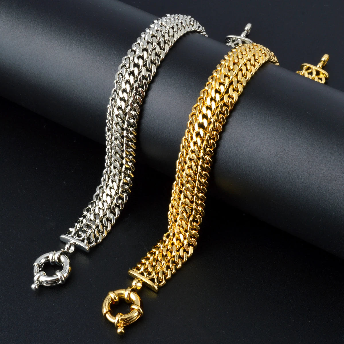Wholesale HipHop Sliver 18k Gold Plated Three Layer Copper fred Bracelet for Women Men