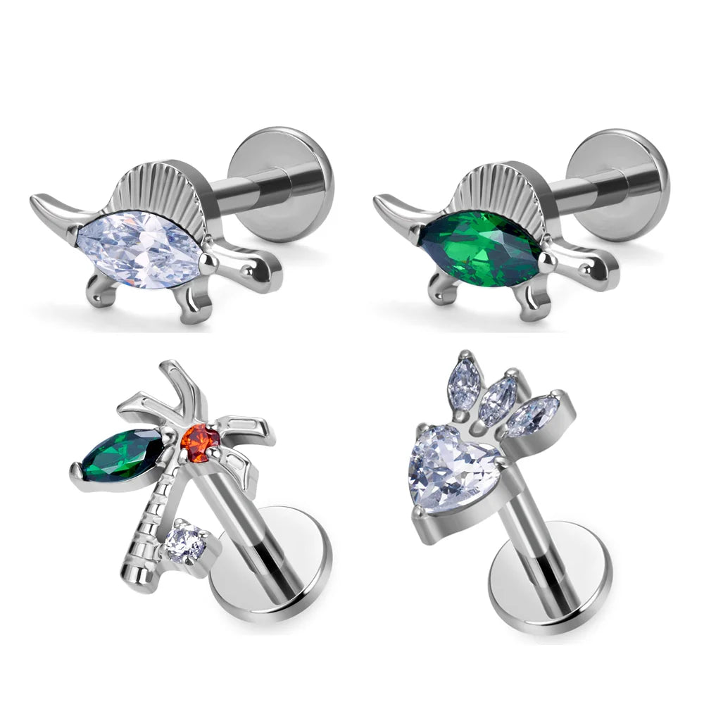 G23 ASTM F136 Titanium Spinosaurus Coconut Goldfish Shape Nose Stud Earrings Zircon Inlay Labret Tragus Body Piercing Jewelry