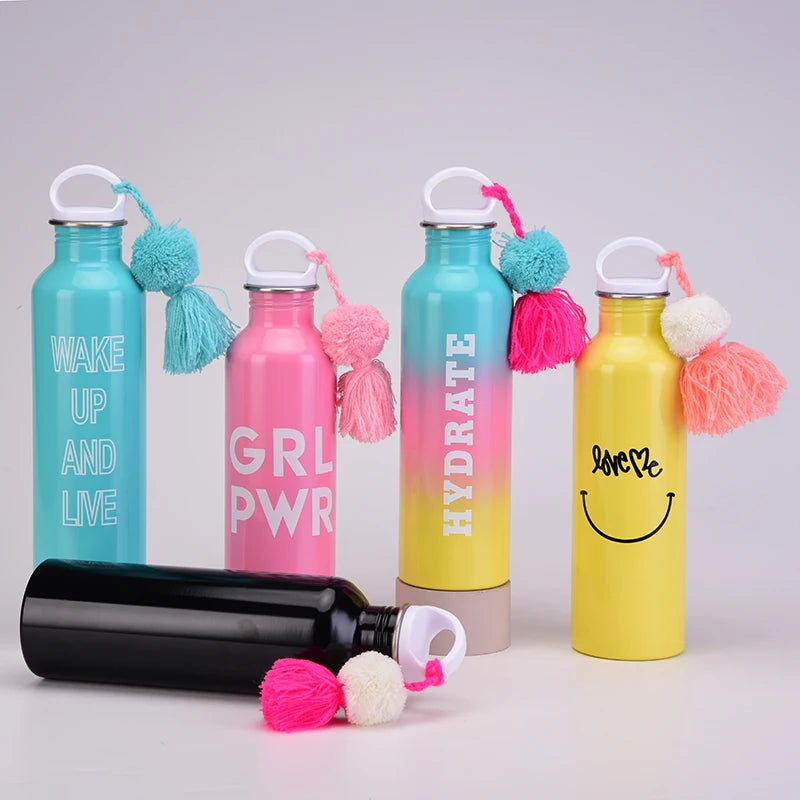 New Single-Layer Stainless Steel Flask with Tassel Fur Ball Outdoor Sports Water Bottle 800ml Lifting Rope Bottle for Gym Sports