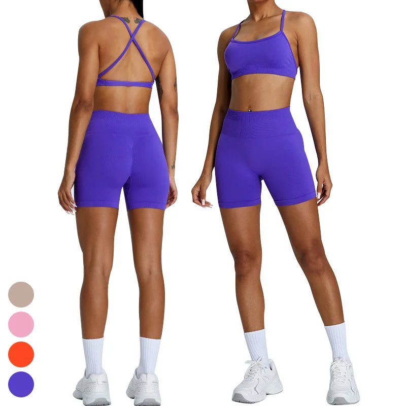Cross Back Sports Bra Scrunch Butt Yoga Short 2 Piece Suit Custom Logo Womens Sets Seamless Gym Fitness Sets Yoga Set for Women
