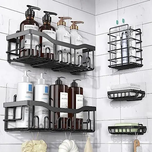 5-piece Set Wall Mounted Bathroom Shelf Black Iron Bathroom Kitchen Shower Shelves Metal Self-adhesive Storage Rack MegaBDM